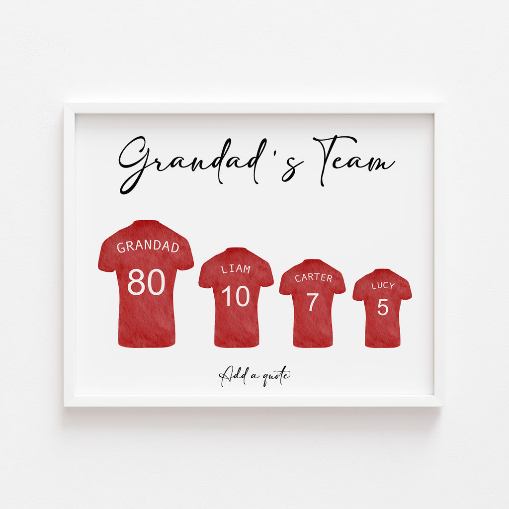 Personalised Grandad football print featuring family names and shirt numbers