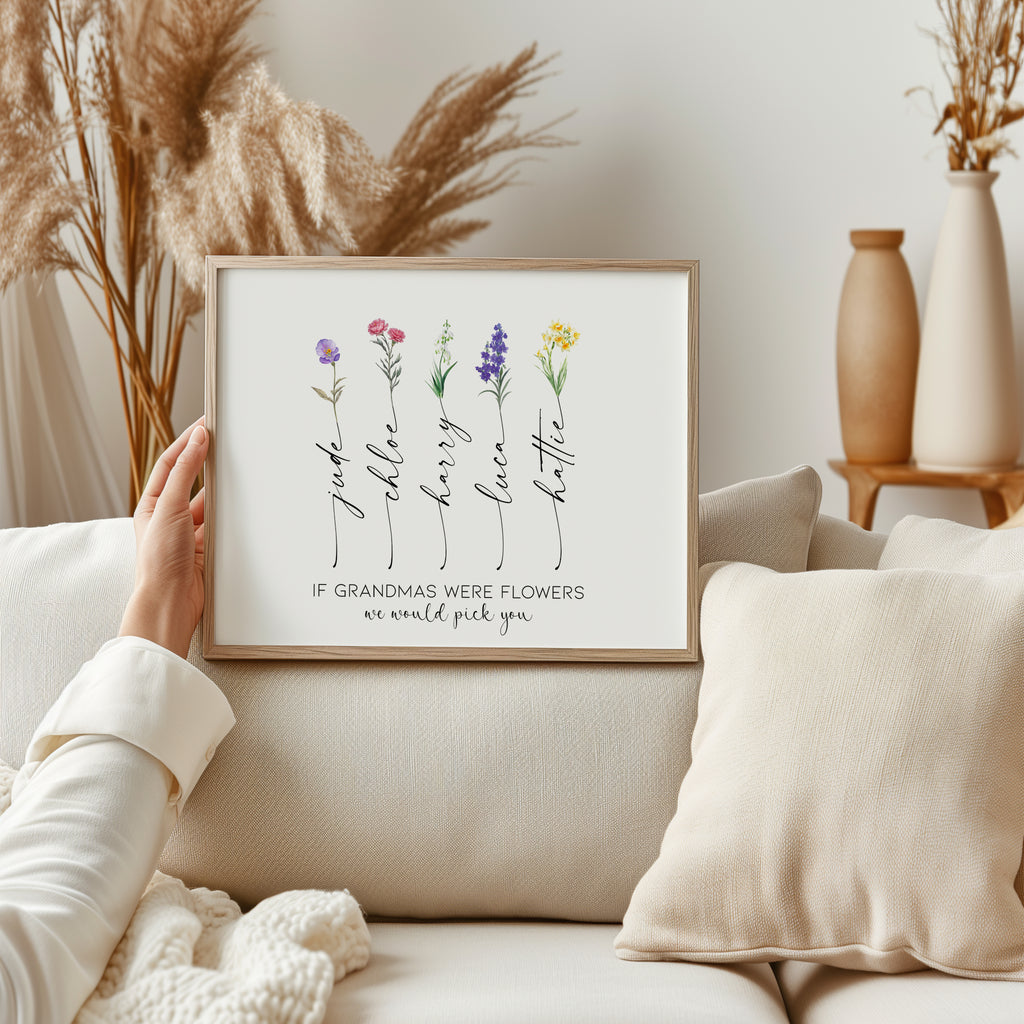 Close-up view of illustrated birth flowers on Grandma’s personalised print