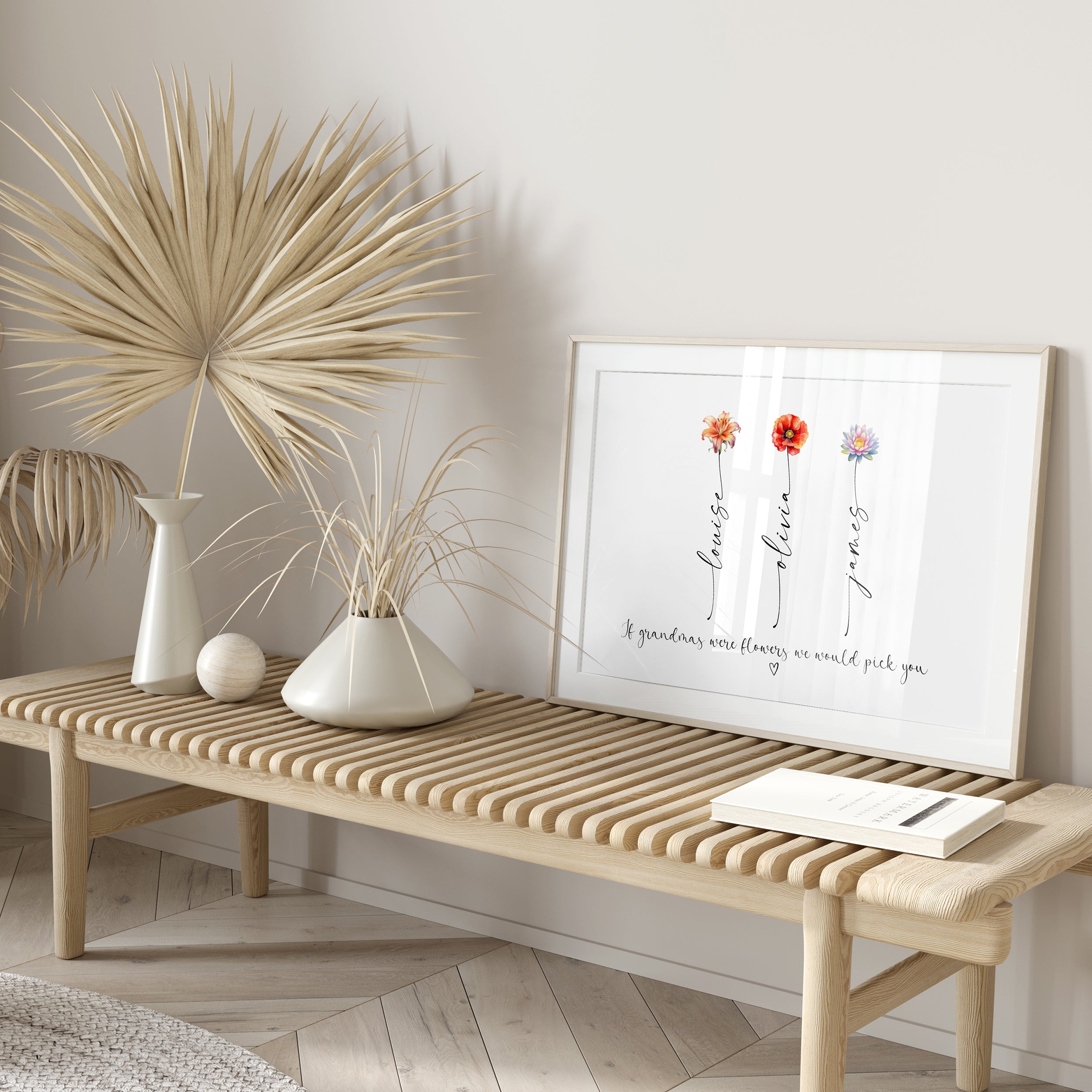 Unframed personalised Grandma birth flower print laid flat on wooden surface