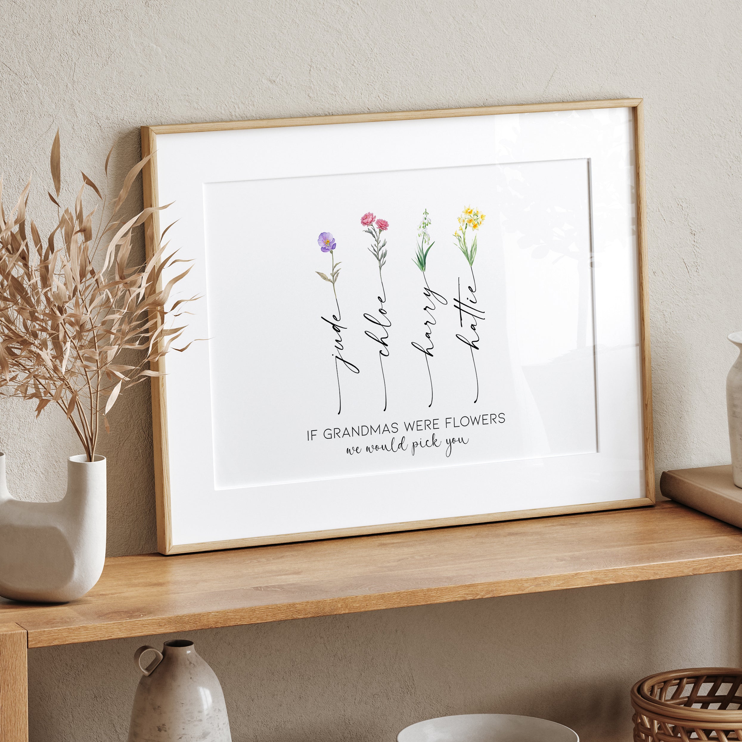 Flatlay of unframed “If Grandmas Were Flowers” personalised birth flower print