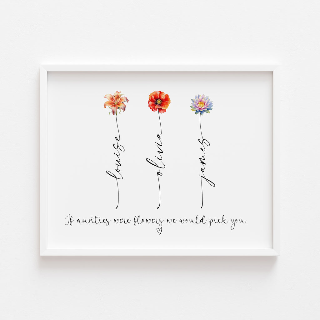 Personalised If Aunties Were Flowers print featuring nieces’ and nephews’ birth flowers