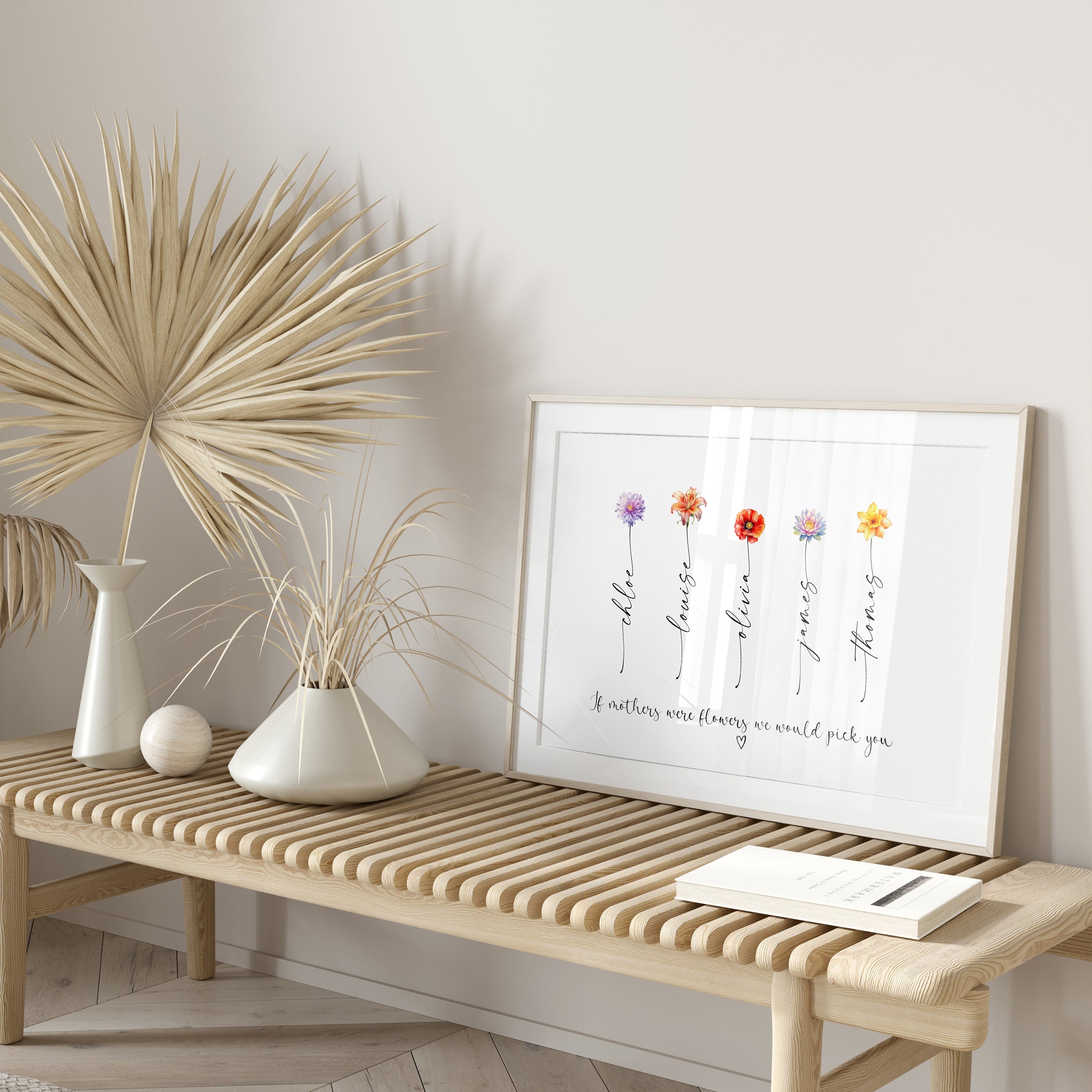 Unframed personalised Mum birth flower print laid flat on wooden surface