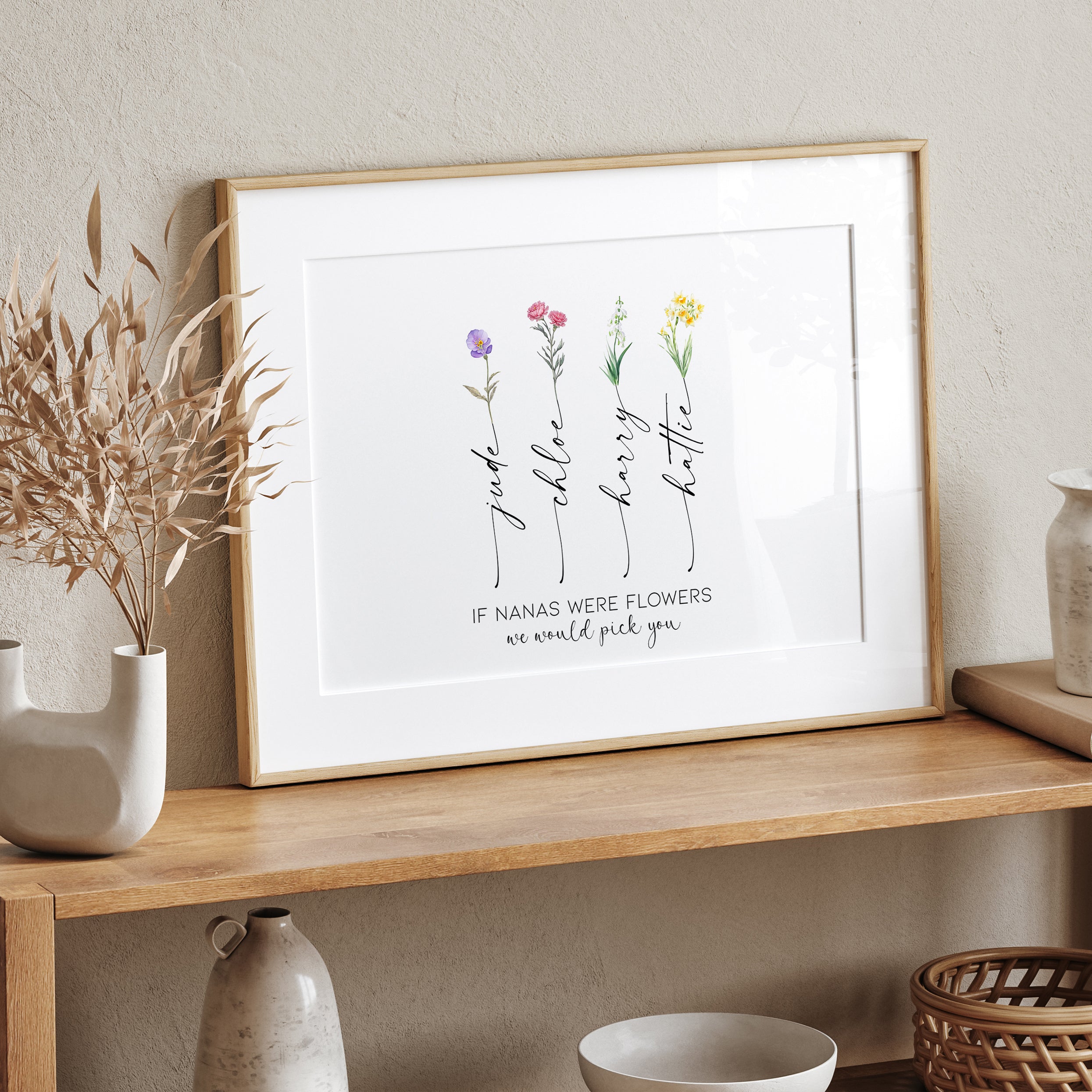 Flatlay of unframed personalised Nana print shown on desk