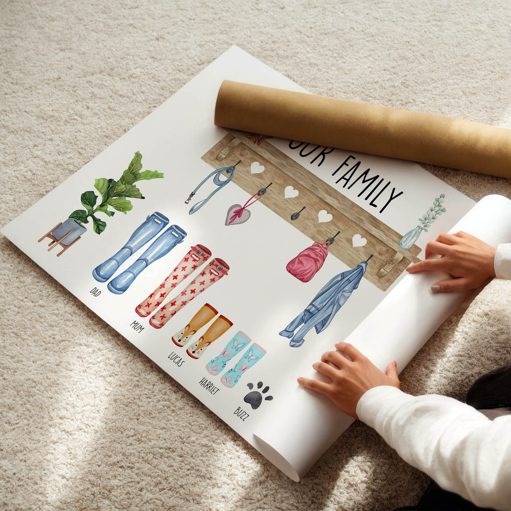 Gift-ready personalised Our Family Welly and Coat Print for family occasions