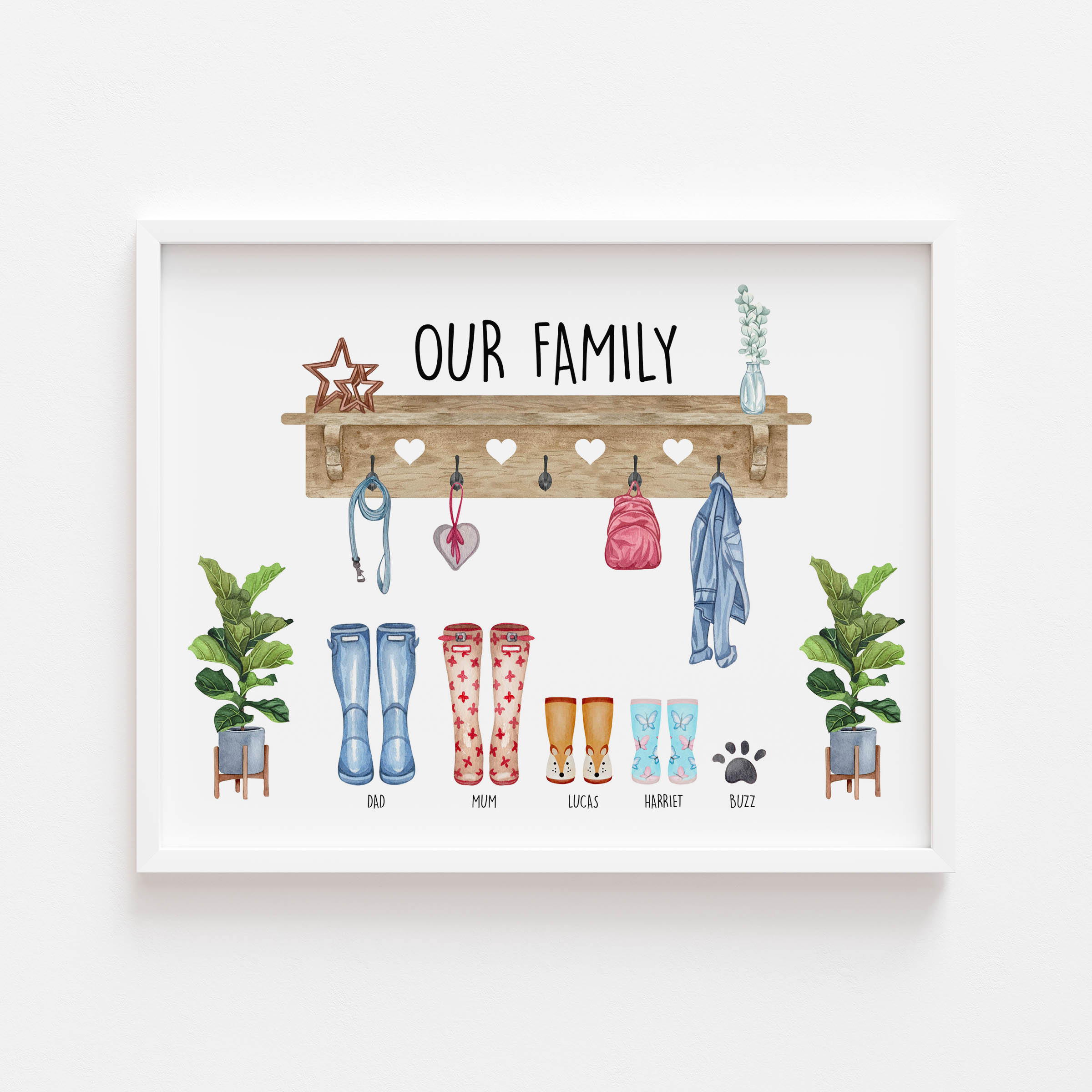 Personalised Our Family Print featuring wellies, coats and accessories
