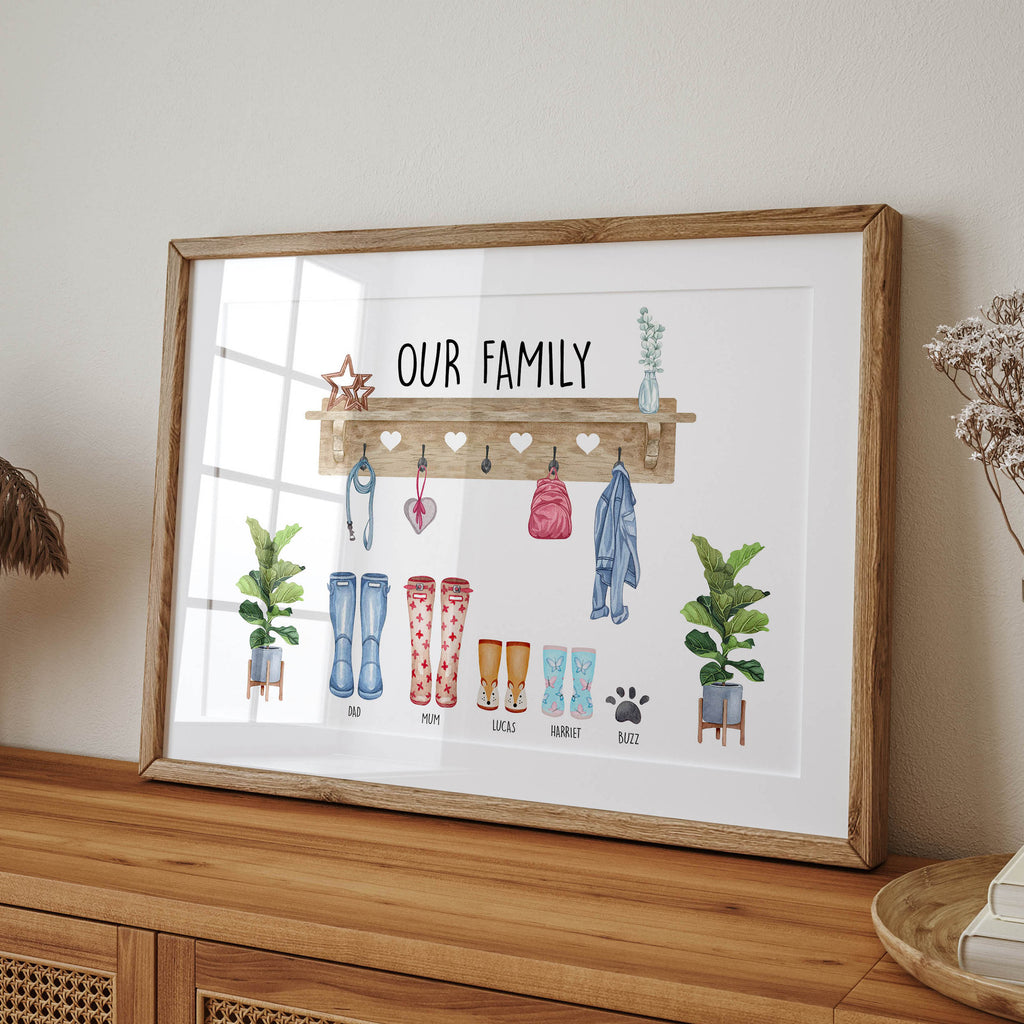 framed personalised Our Family Welly and Coat Print displayed in home
