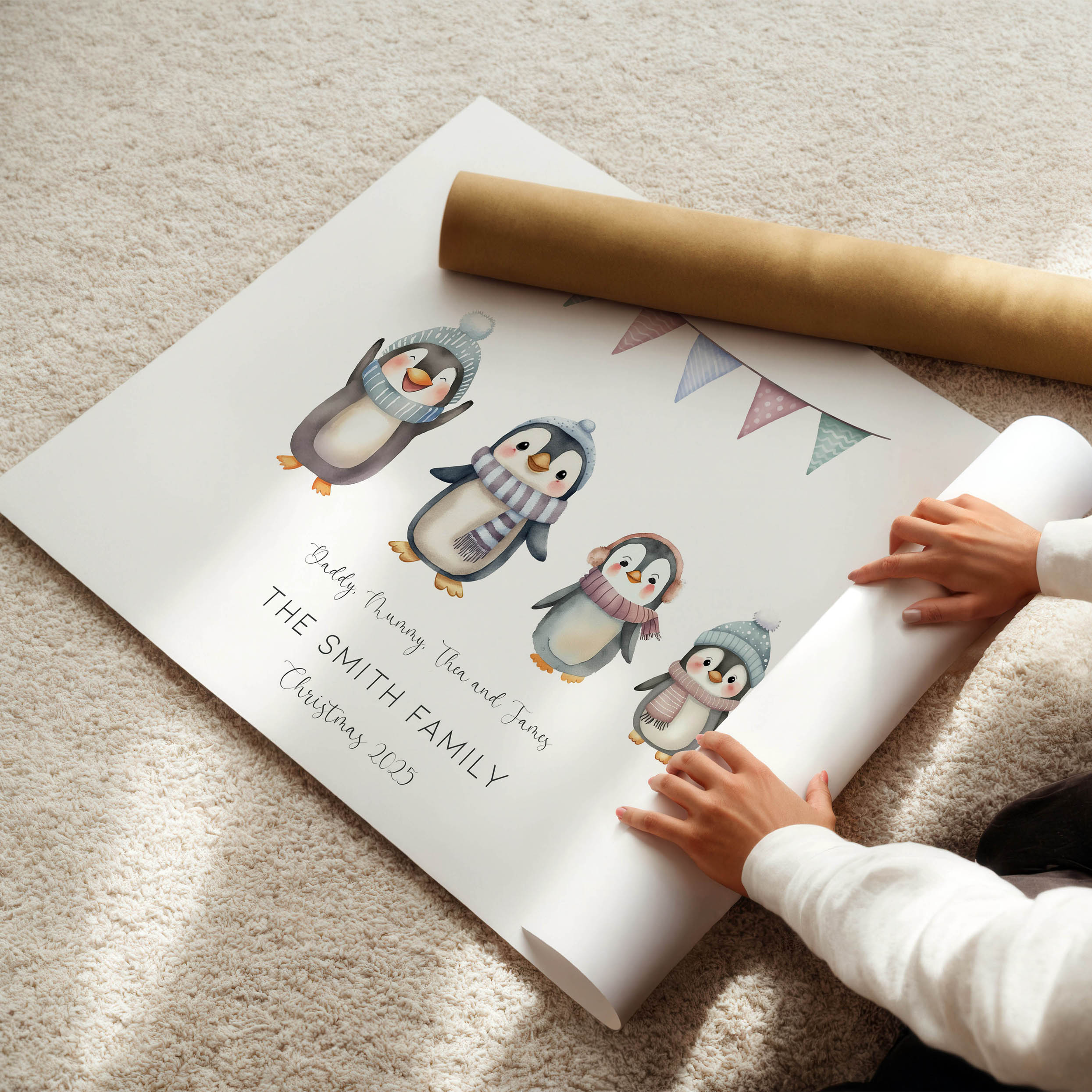 Gift-ready personalised penguin family print, perfect for Christmas gifting