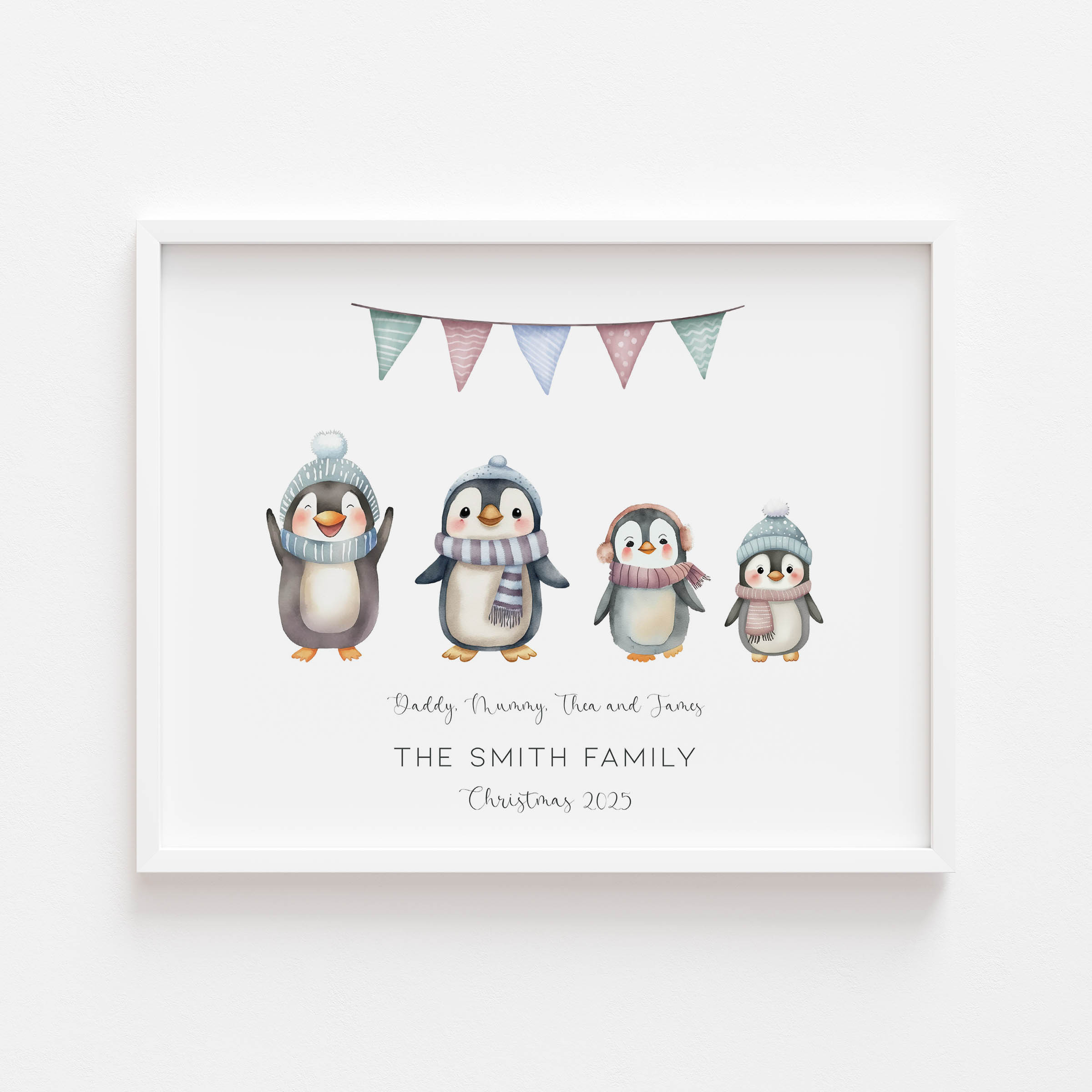 Personalised Penguin Family Christmas Print featuring family names