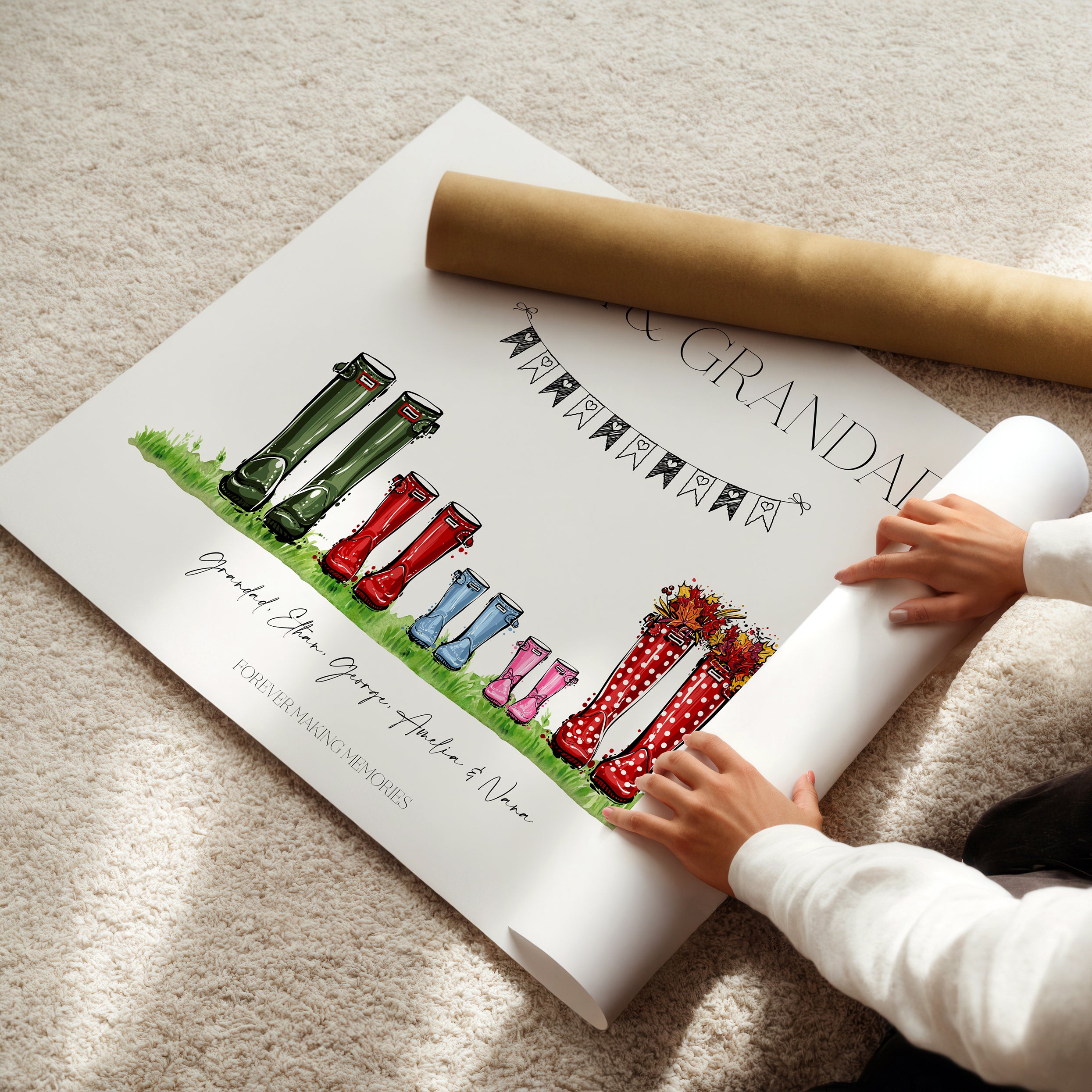 Gift-ready personalised welly boot print for Nana and Grandad, perfect for family occasions
