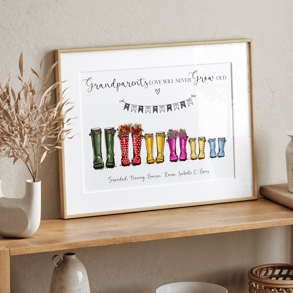 Personalised welly boot print for Nana and Grandad shown in alternative colour or layout