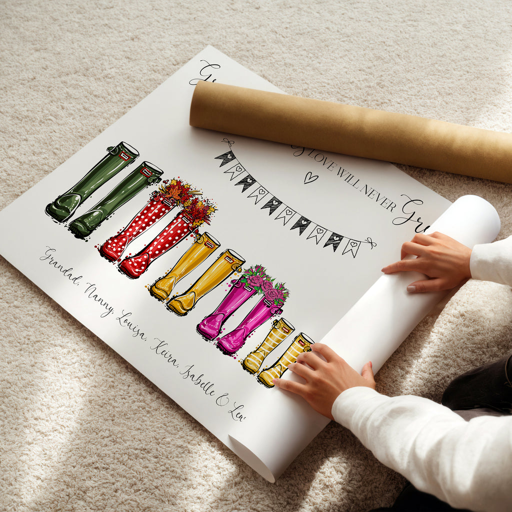 If Nana and Grandad personalised welly boot print beautifully gift wrapped