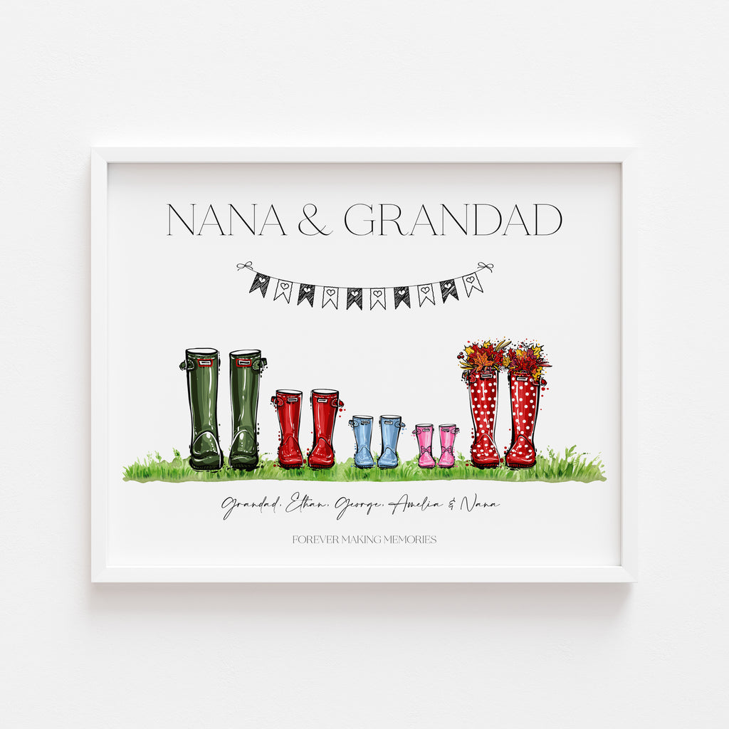 Personalised Welly Boot Print for Nana and Grandad featuring family wellies