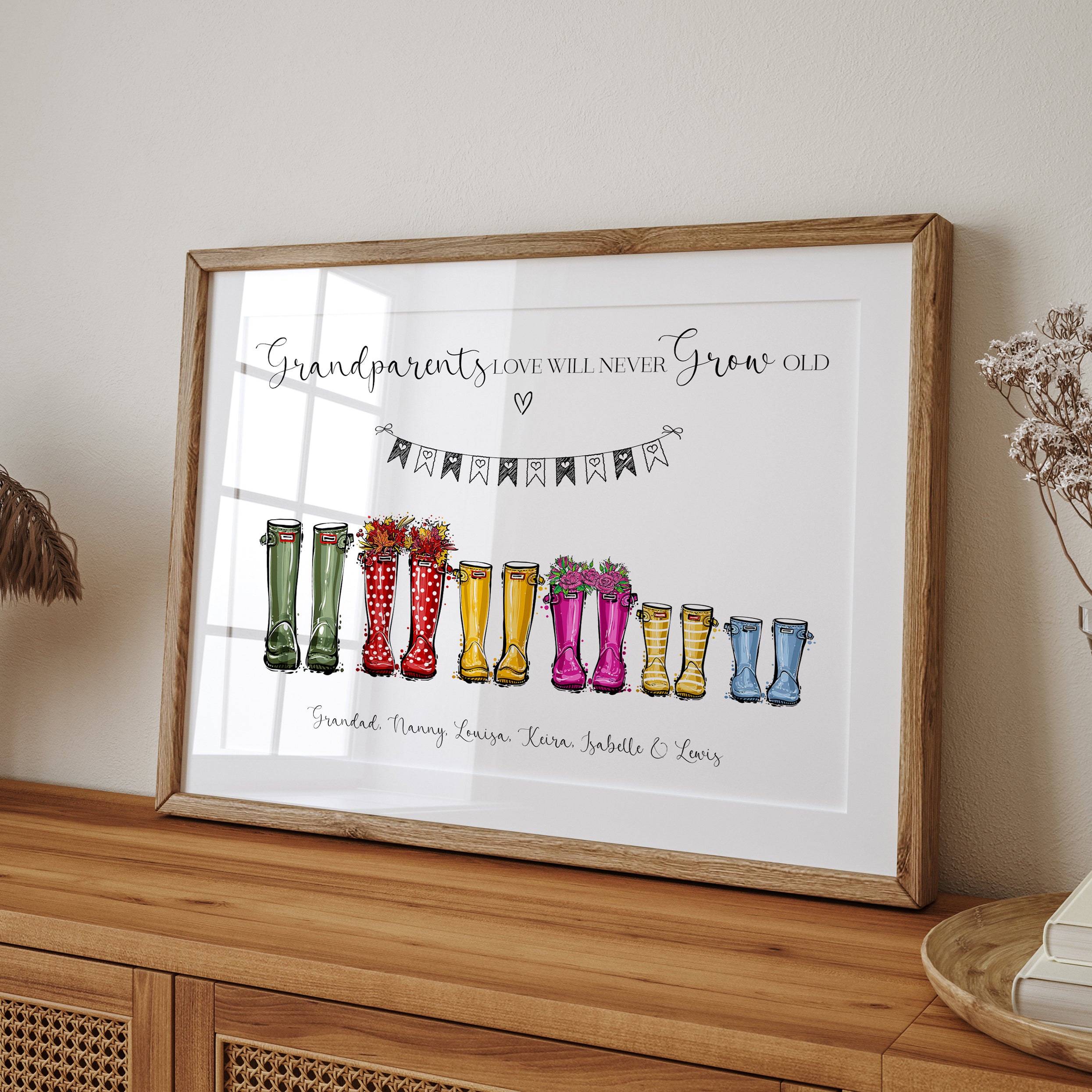 Framed personalised Nana and Grandad welly boot wall art displayed in cosy home