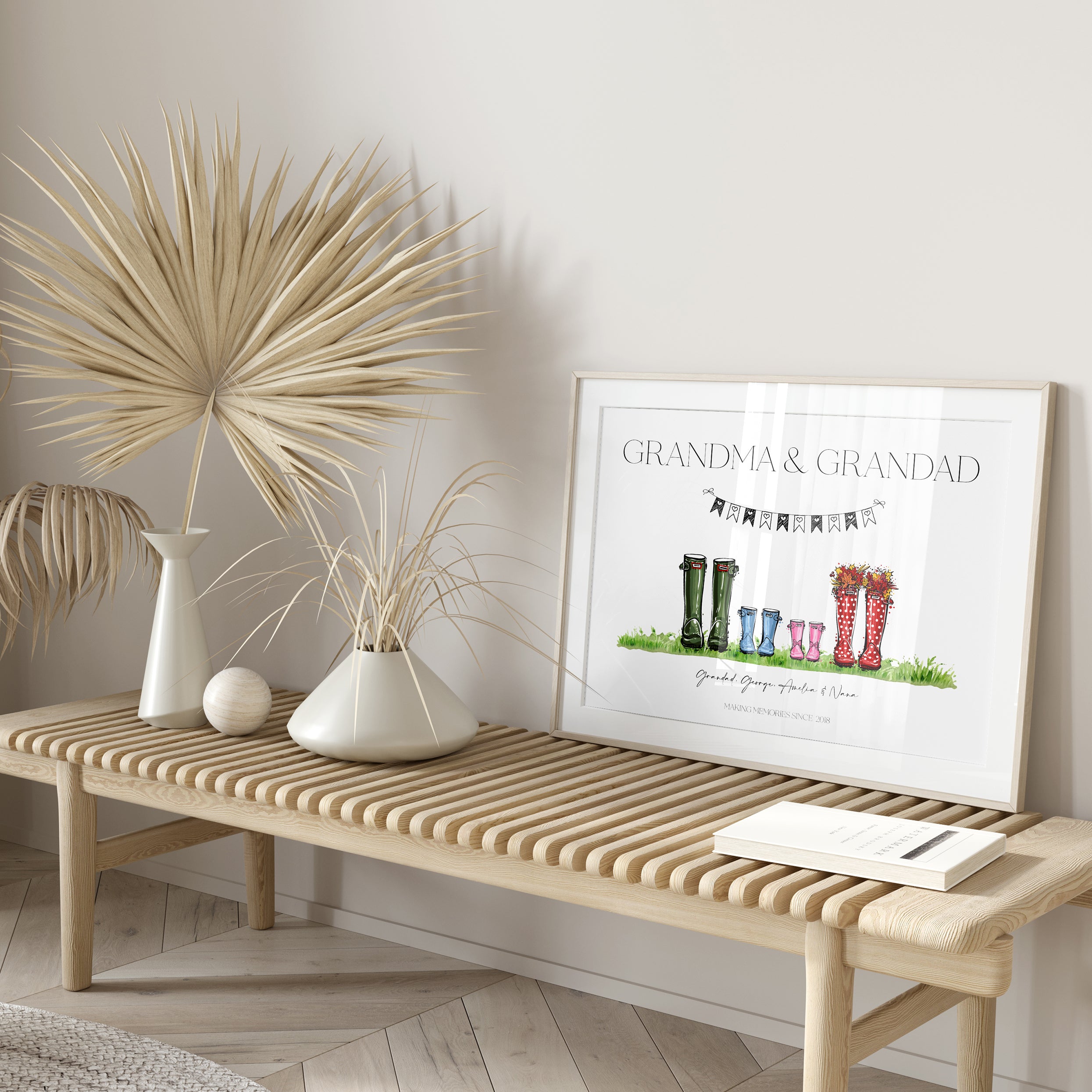Framed personalised family welly boot wall art displayed in home